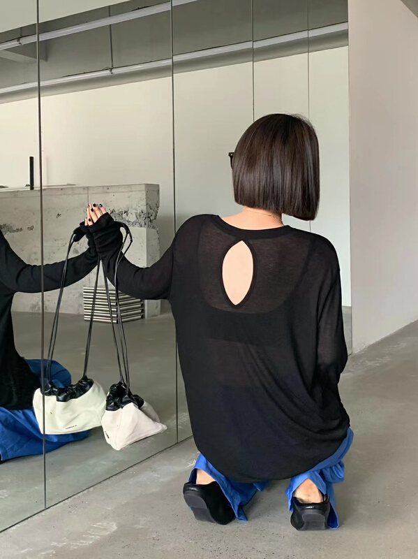 [Yuanxi] Korean loose hollow out backless long sleeved T-shirt 642# LSL