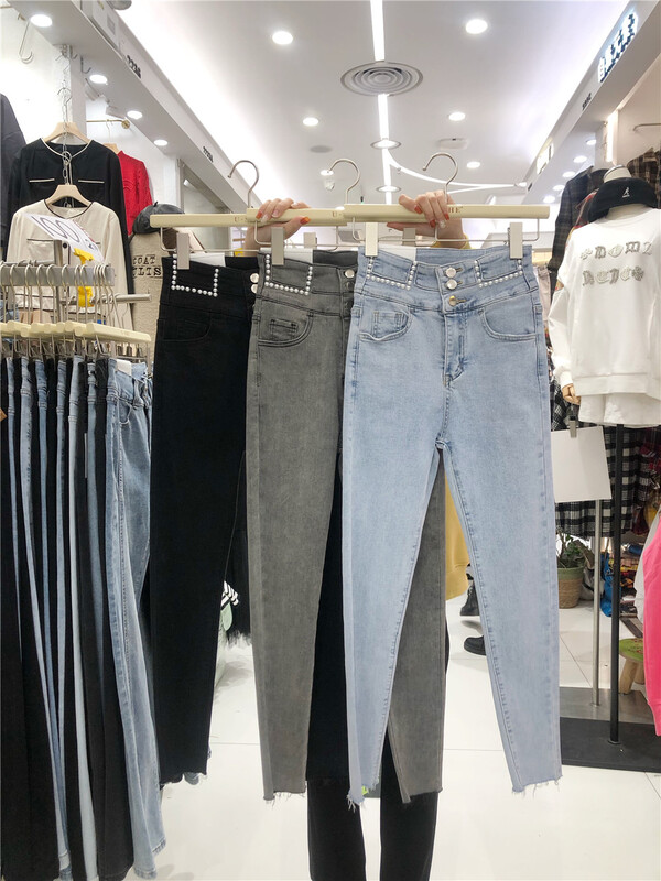 [u.she] heavy industry pearl buckle decorative small leg jeans 88501# cqw