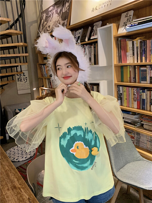 [timely rain] Han Feng ins sweet aging design sense mesh lotus leaf sleeve cute three-dimensional duckling short sleeve T-shirt 02459# WPL