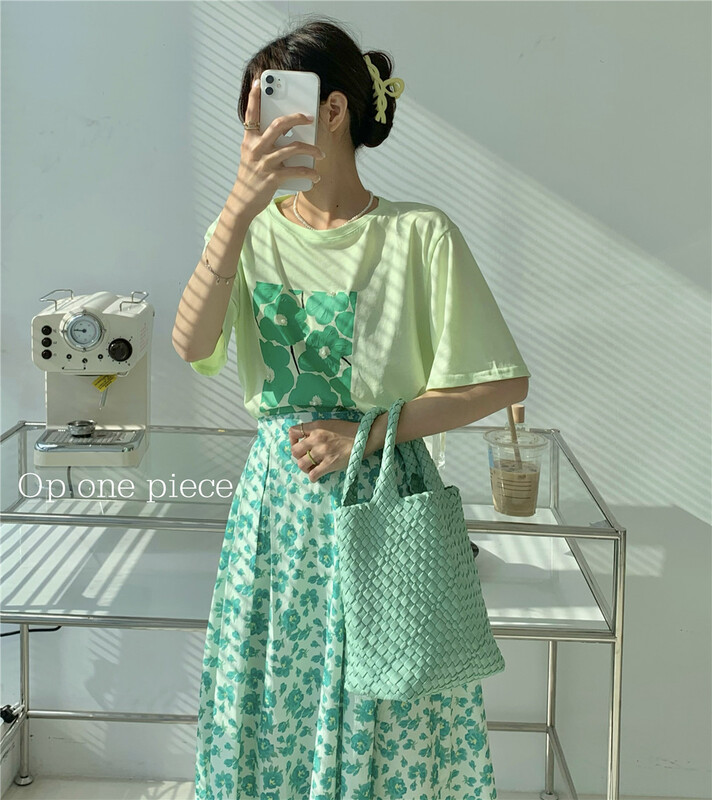 New in early summer! [OP one piece] Korean round neck printed short sleeve T-shirt 801# hjy