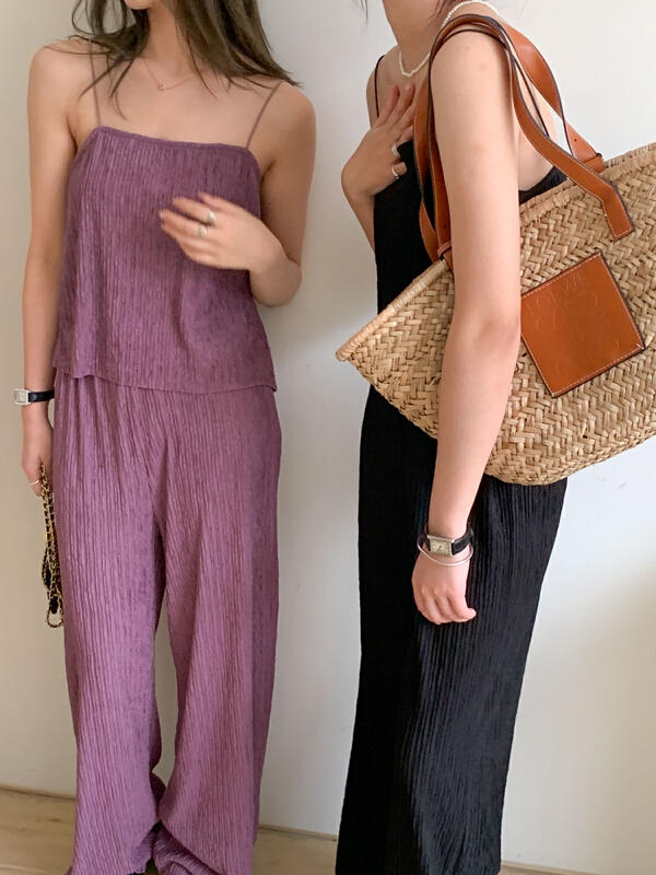 [Tn] simple and slim suspender Vest + high waist loose casual pants set l8432# cqw