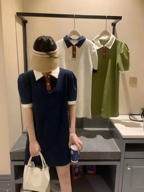 [OIT] color blocked bubble sleeve polo dress 9099# HBx