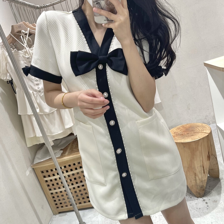 [NC Editio n (new color] V-neck pearl edge bow dress w9300# zxx