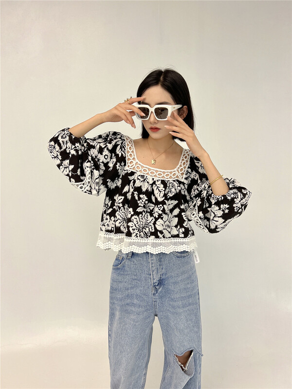 goods in stock! New in early summer! [D2] vintage style square neck floral blouse 2221056# CSX