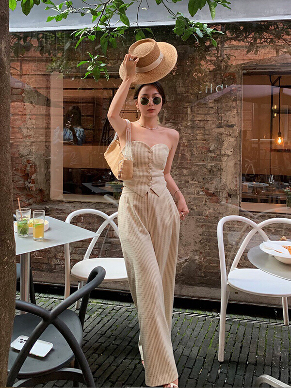 goods in stock! New in early summer! [wgwe] striped Strapless Top + high waist and Wide Leg Pants Set 1341# PCZ