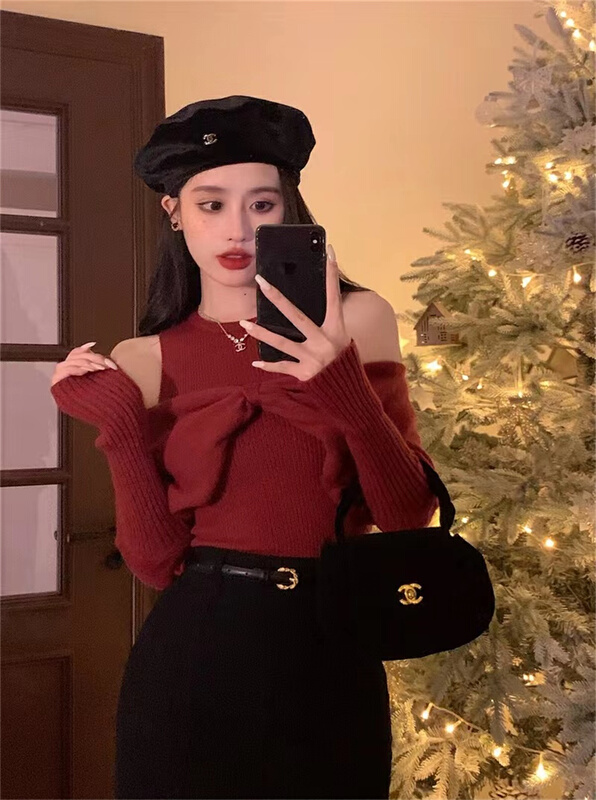 goods in stock! New year in early spring! [AC] temperament fake two piece off shoulder red shirt ys1-5200# JJ