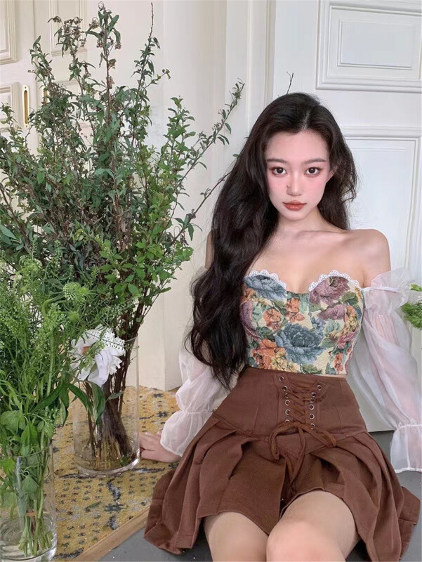 [goblin] light familiar style stitching design Vintage blouse (excluding necklace) 23179# PCZ