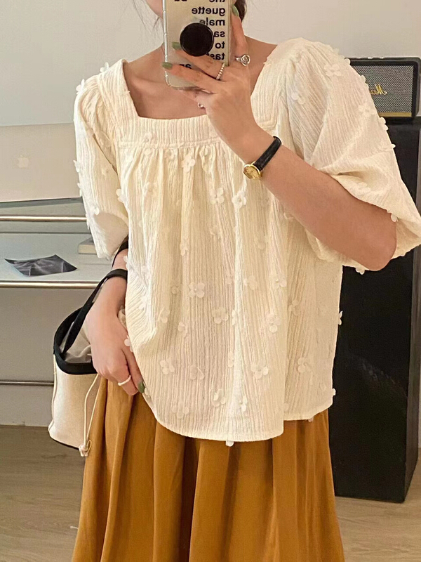 [tototellme] Korean jacquard square neck sweet little shirt 24123# HBx