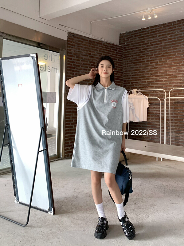 [Meet Rainbow] Korean polo collar fake two-piece dress 11856# LSL