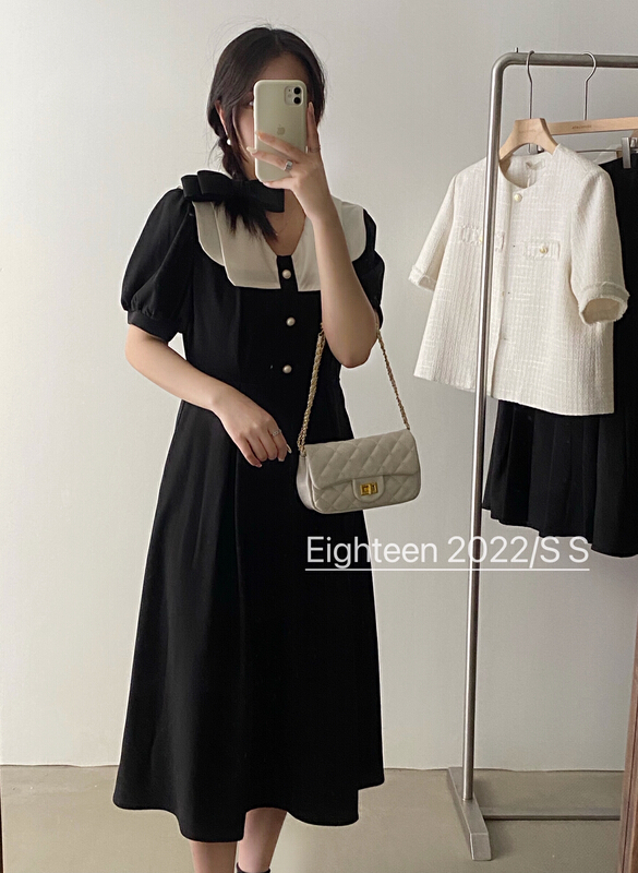 [chocolate] Korean doll neckline lace up waist dress 28052# L