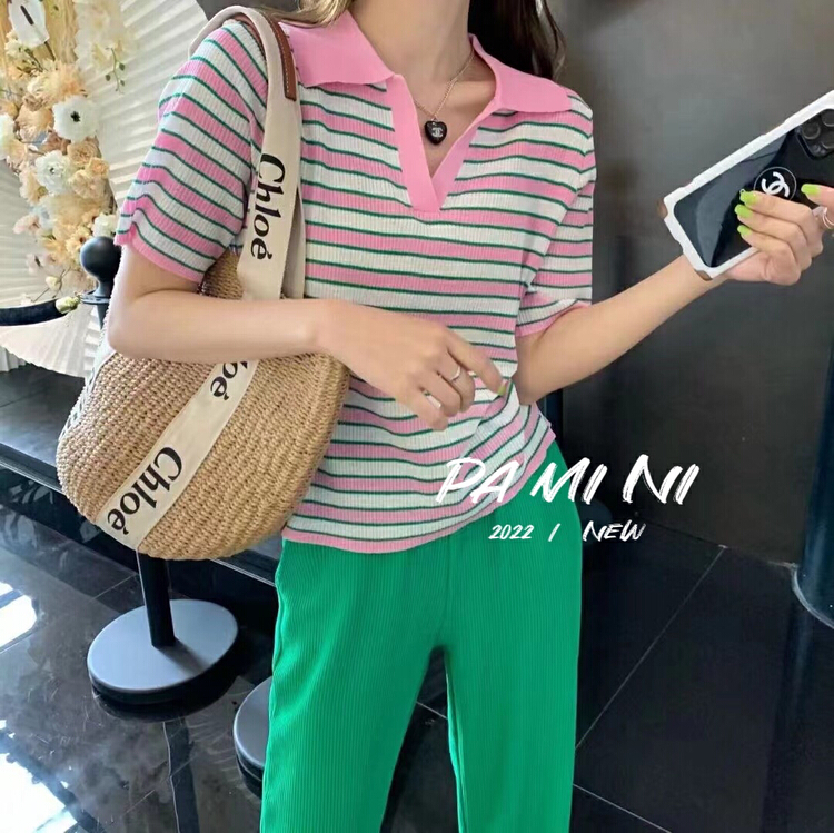 [pamini] temperament polo collar with color matching sweater 22129# Cl