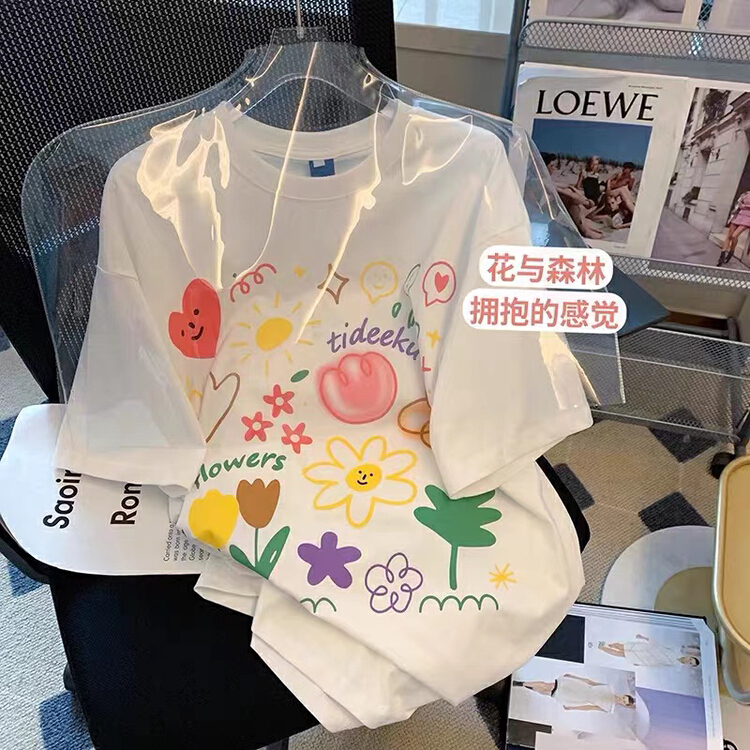 New in early summer! [TA +] Korean flower fashion printed short sleeve T-shirt 05693# XYY