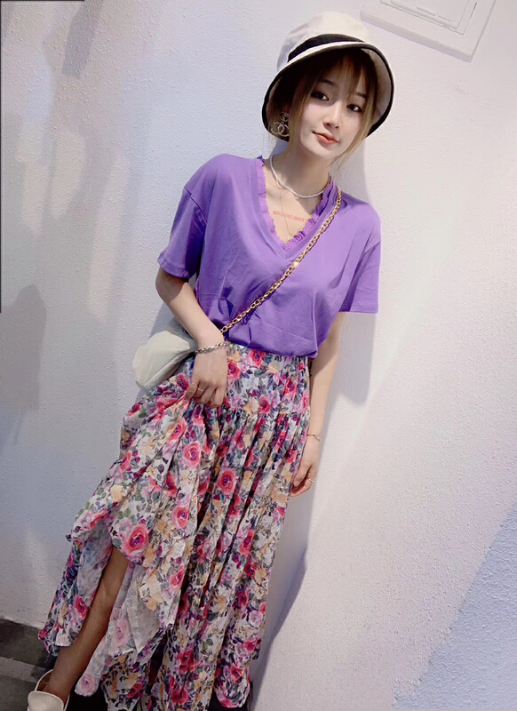 [YJ. Simple] simple and versatile lace V-neck short sleeve T-shirt 1011# ozq