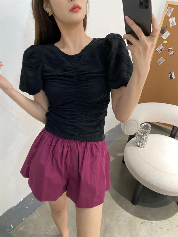 [modern 197] Korean version solid color pleated shirt 81163# GYJ