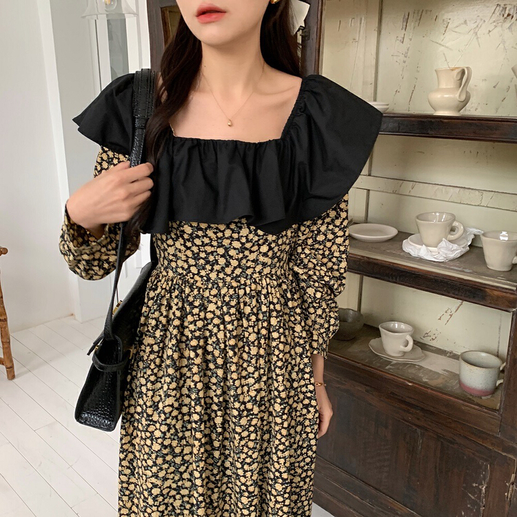 New year in early spring! [timely rain] Han Feng's style holiday party collar one shoulder contrast color two wear floral dress 00031# jhy