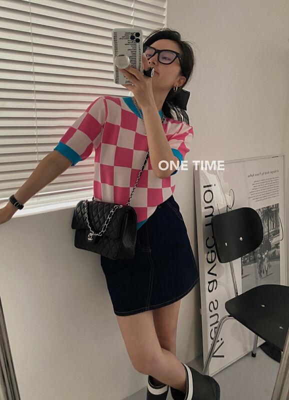 [one time] checkerboard ice silk blouse xw5079# CLS