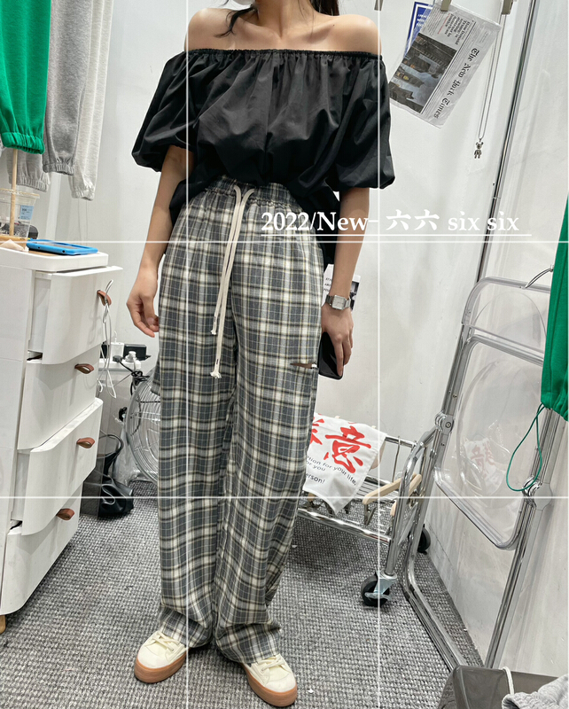 【 66 】 new style perforated Plaid wide leg casual pants 183# L