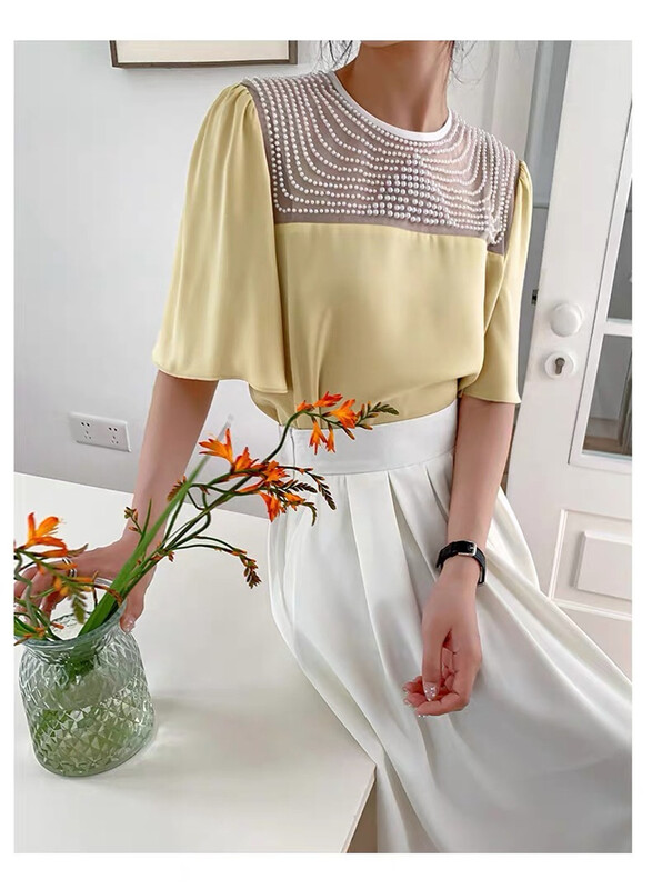[Linna] French Style Bubble Sleeve Beaded shirt 82803# zxx