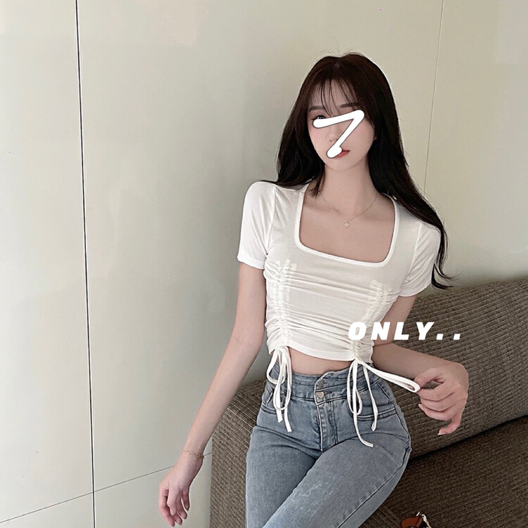 New in early summer! [only] square neck design drawstring short sleeve T-shirt 1817# JJ