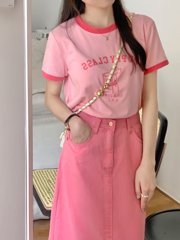 [miss sumey millet] casual lettered print contrast collar short sleeve T-shirt 2407# HBx