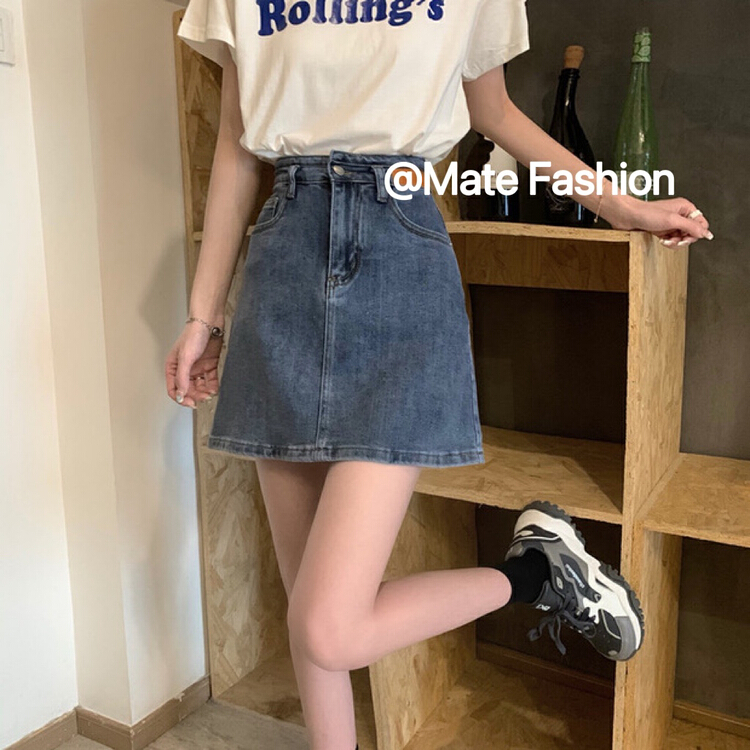 早春上新！【MATE  FASHION】新款高腰顯瘦A字百搭牛仔裙  藍8620黑8620-1#  OZQ