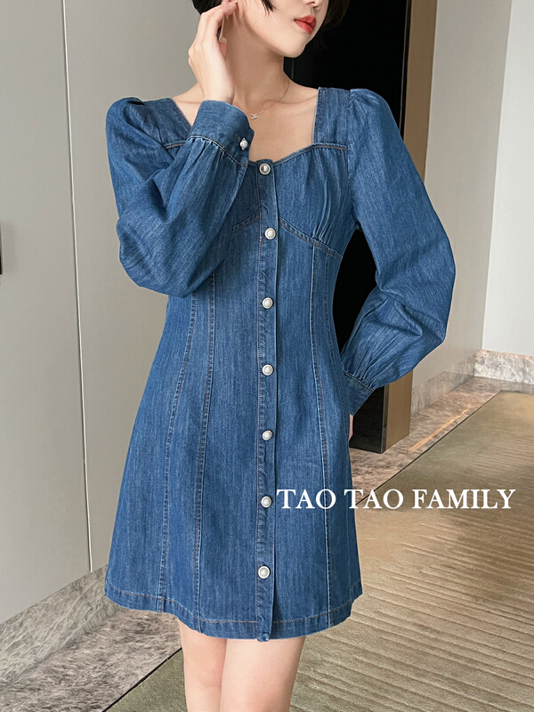 New year in early spring! [Taotao family] Korean style square collar single breasted lace up denim skirt 3399# lwy