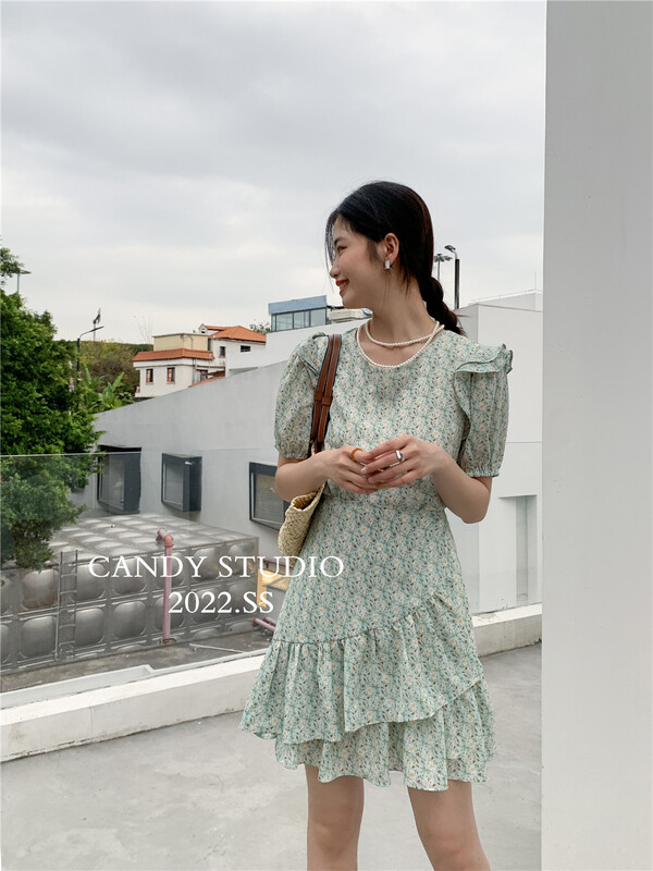 goods in stock! [candy] Korean version broken flower waist Ruffle Dress b7301# ZSY