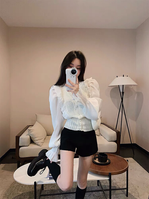 [Danling] V-neck bubble sleeve Fashion Chiffon shirt 0913# PCZ