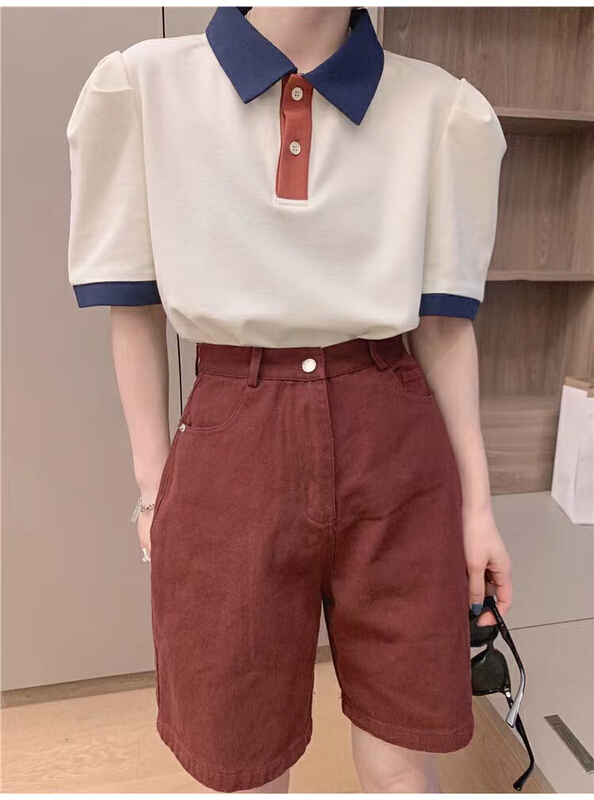 [only love] French bubble sleeve polo collar contrast color splicing short sleeve T-shirt c355# zxl