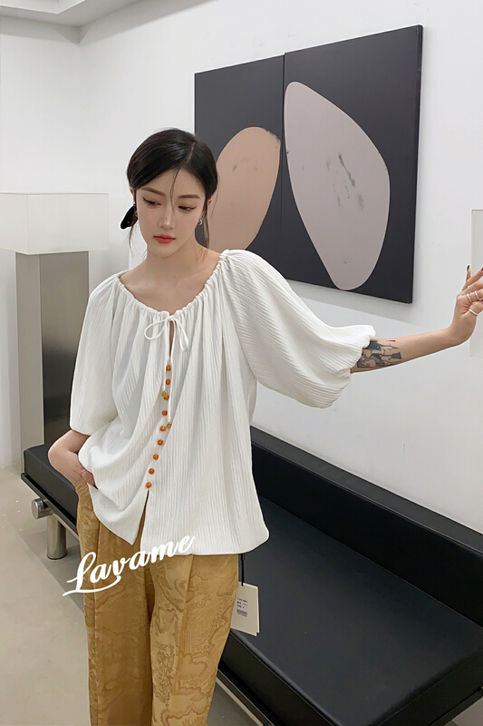 New in early summer! [lavame] artistic lace up temperament bubble sleeve shirt 7771# zxx