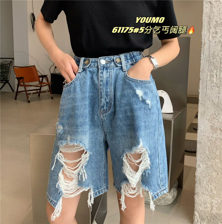 [suxinlan] pierced fashion aging denim shorts 61175# LSL