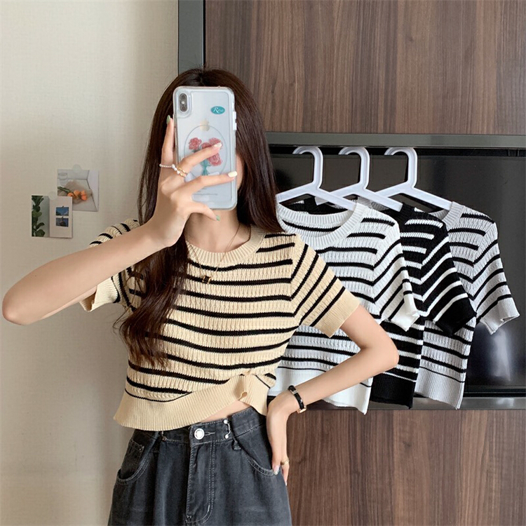 [f · P] French temperament small fragrance stripe round neck T-shirt 28620# HBx