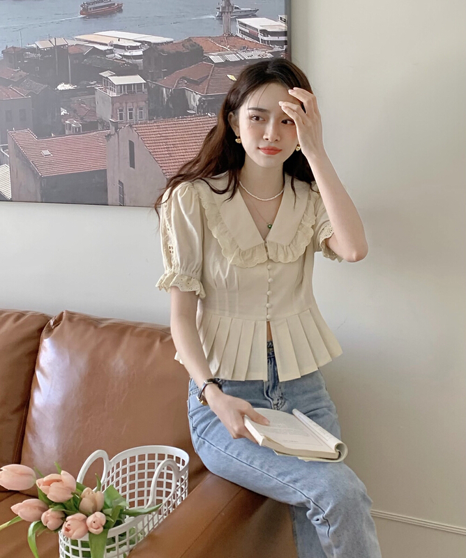 New in early summer! [LML] Korean Style Lace stitching crimping high waist bubble short sleeve shirt 8852# ozq