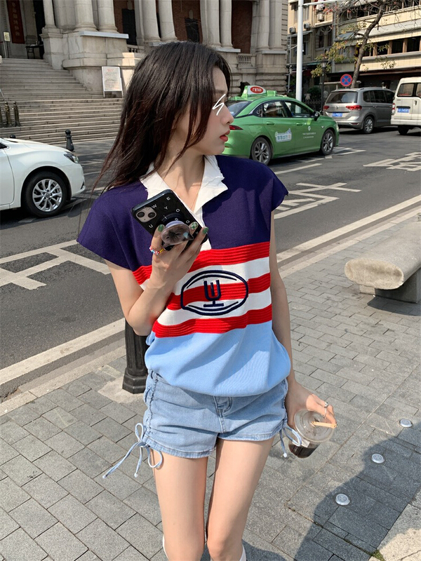 [by] Korean striped contrast embroidered sweater 2777# Cl