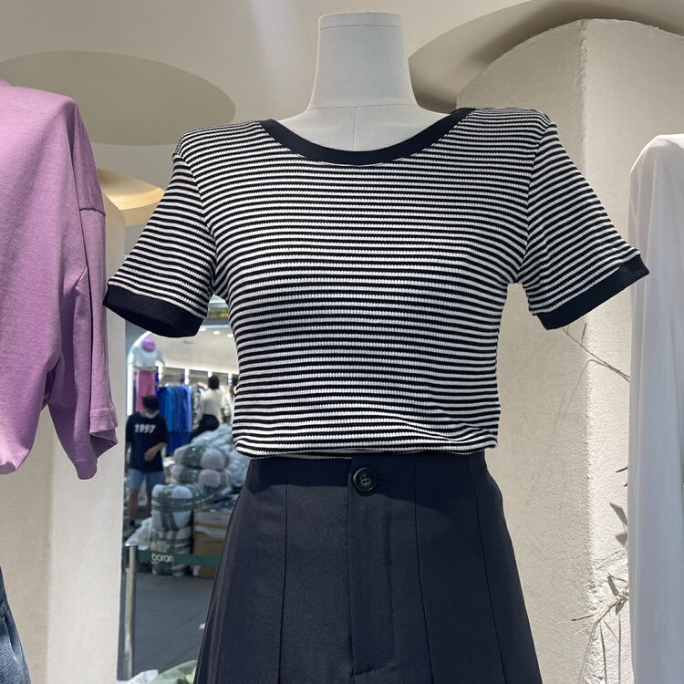 Spot! New in early spring! "BORAN" simple Joker striped short sleeve T-shirt 22 b7075# LSW