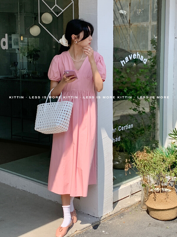 New in early summer! [Kittin] simple solid color medium length V-neck dress 558# XYY