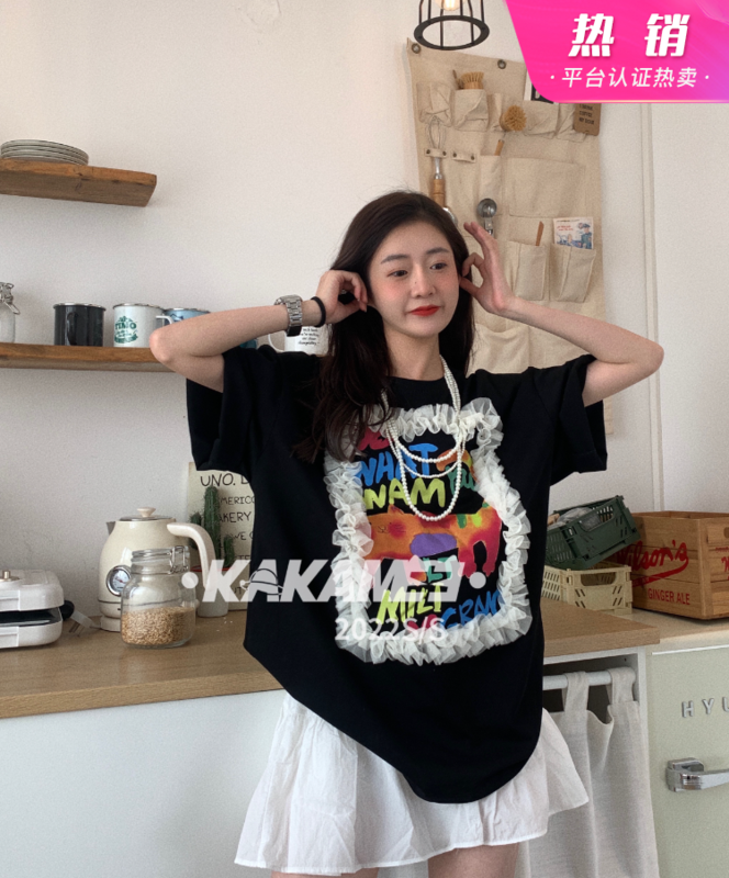 [kakamee] printed heavy industry lace loose short sleeve T-shirt s513# LSL