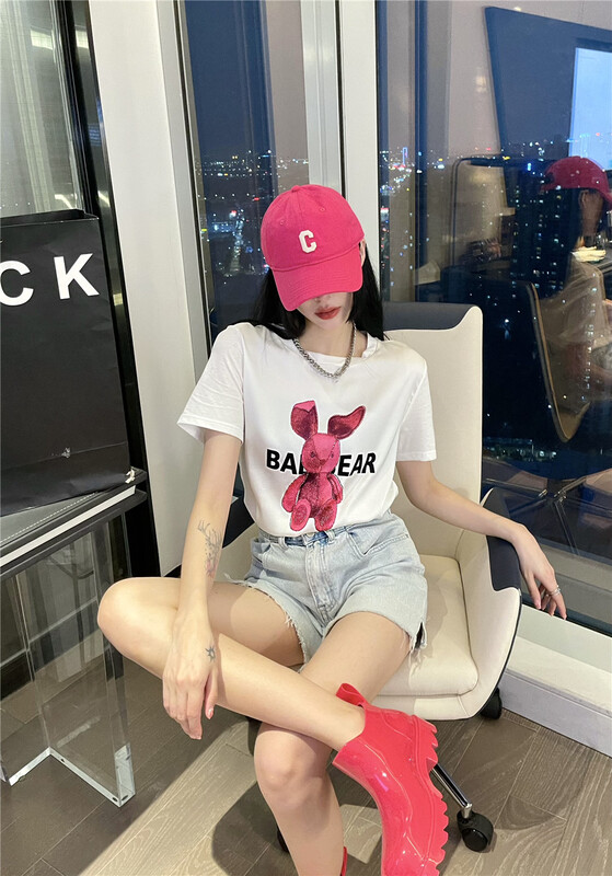 [3 + 2] Korean fashion cartoon Sequin loose short sleeve T-shirt 3217# WPL