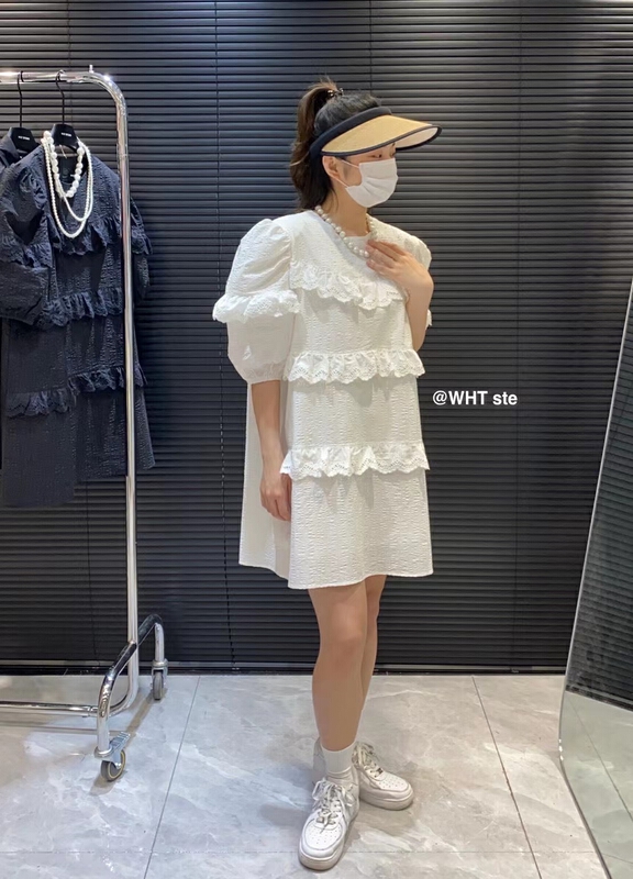 [wht] lace bubble sleeve short sleeve dress 4113# WTT