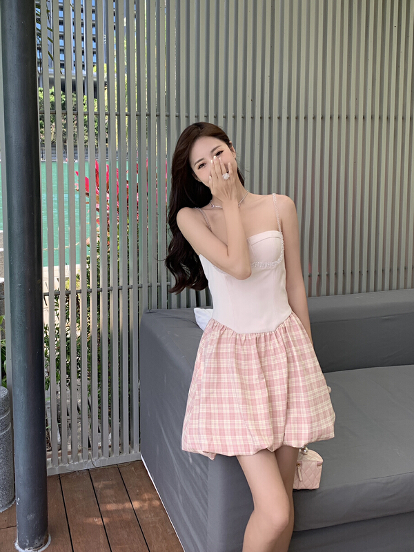 New in early summer! [u Nara] French heavy industry Plaid splicing Sling Dress 81112# WPL