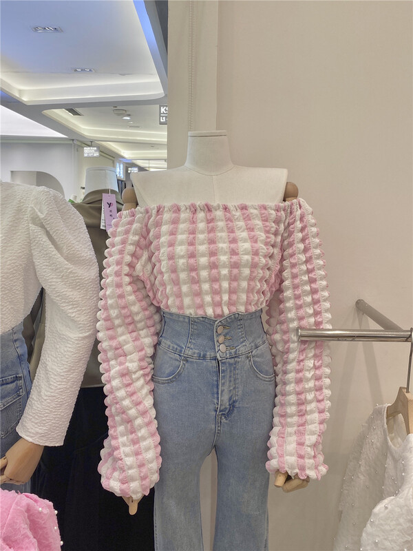 [lucky Lili] off shoulder contrast plaid shirt 822# zxx