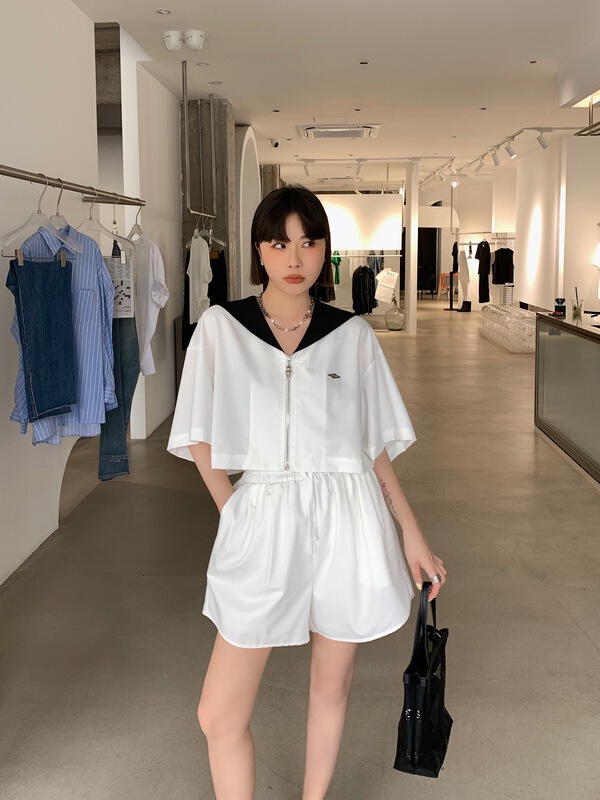 [Penny vogue] stitching design sense Vintage jacket + slim casual Shorts Set 65894# LSL