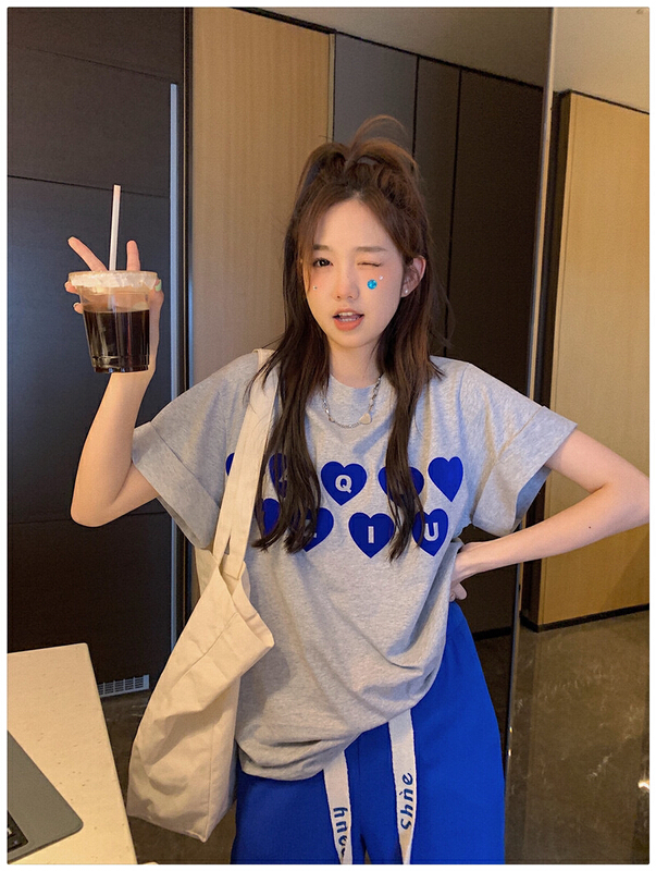 [timely rain] Korean style ins design sense of love contrast loose short sleeve T-shirt (excluding matching) 66636# WPL