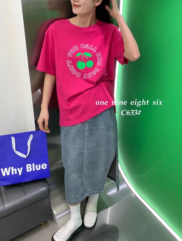 New in early summer! [1986] Korean alphabet cherry printed short sleeve T-shirt ys1-633# XYY