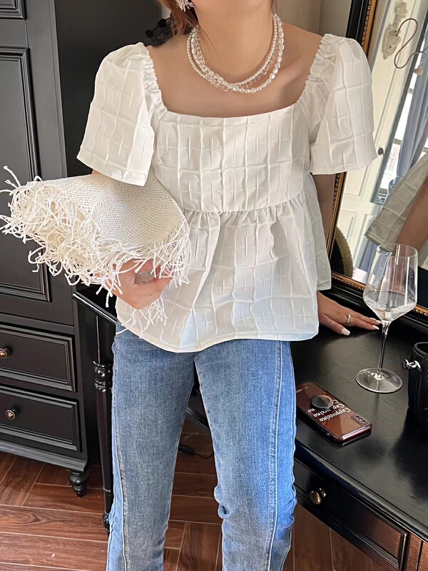 New in early summer! [AA studio] French style square neck bubble sleeve T-shirt (only selling t-shirts) 6057# WPL