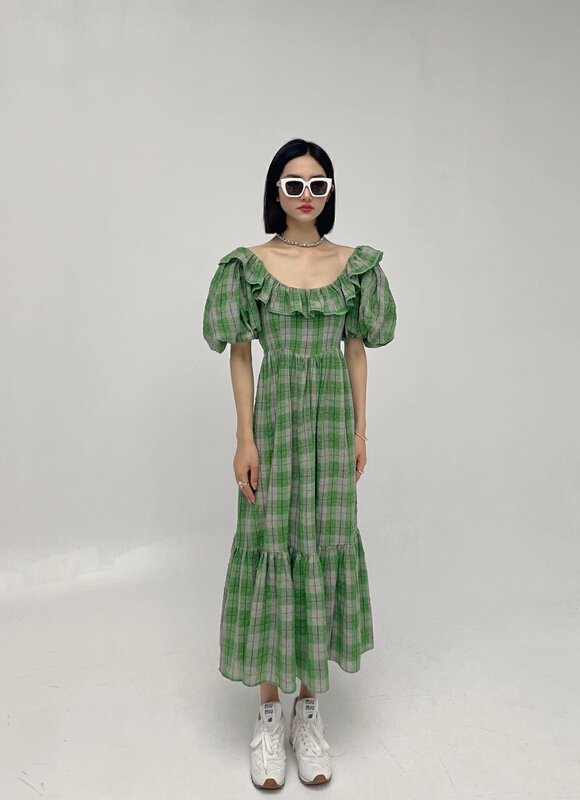 [dtwo] Plaid girl's thin dress with lotus hem 2203177# zxl