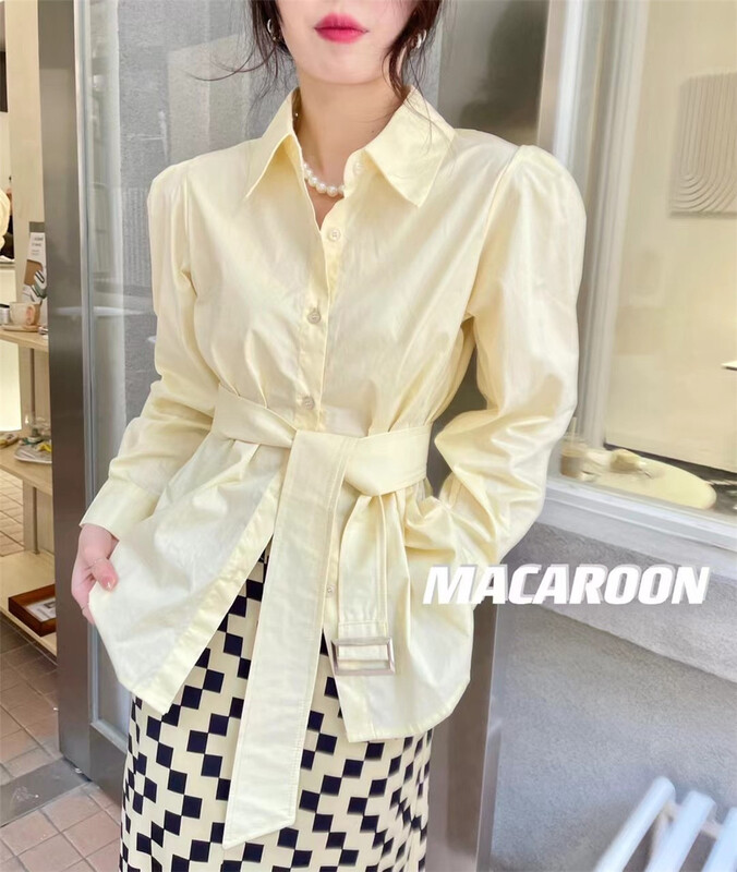 早春上新！【MACAROON】韓系溫柔風純色舒適襯衫(配腰帶)  7708#  PCZ