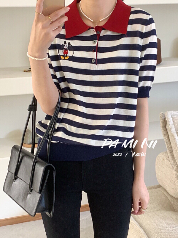[pamini] Mickey Embroidered Vintage polo collar T-shirt 22133# Cl