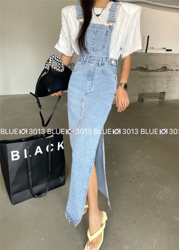 New in early summer! [blue] little women's high waist slit denim strap skirt 3013# hjy
