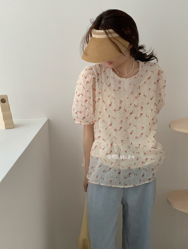 [RS] floral pleated bubble sleeve blouse dh2166# XYY